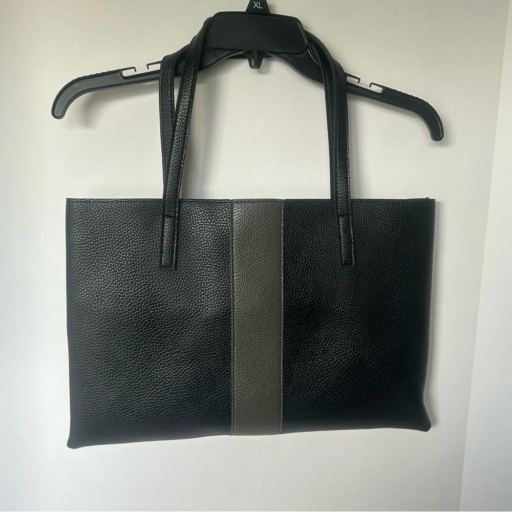 Vince‎ Camuto Black Pebbled Soft Leather Gray Stripe Tote Laptop Bag
